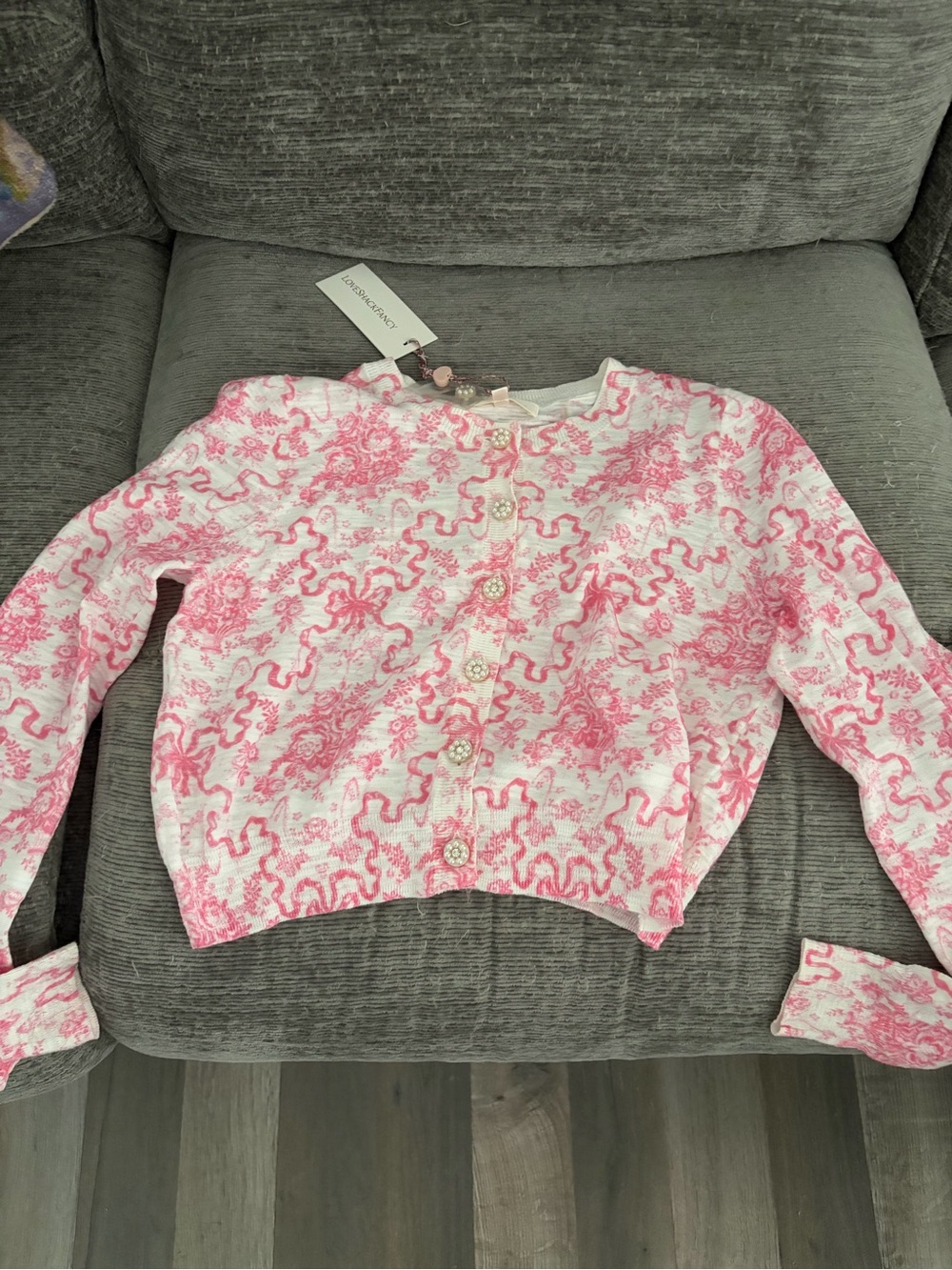 NWT. LoveShack Fancy.  Pink and White Floral Button Cardigan with pearl buttons.